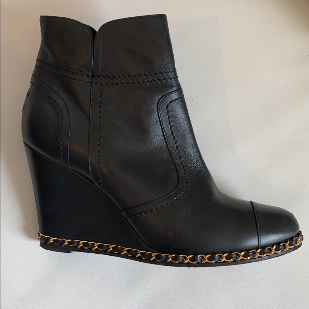 Chanel black leather platform ankle boot